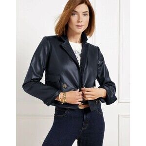 Talbots Womens Cropped Faux Leather Jacket Navy Size 2 Biker Moto Coat